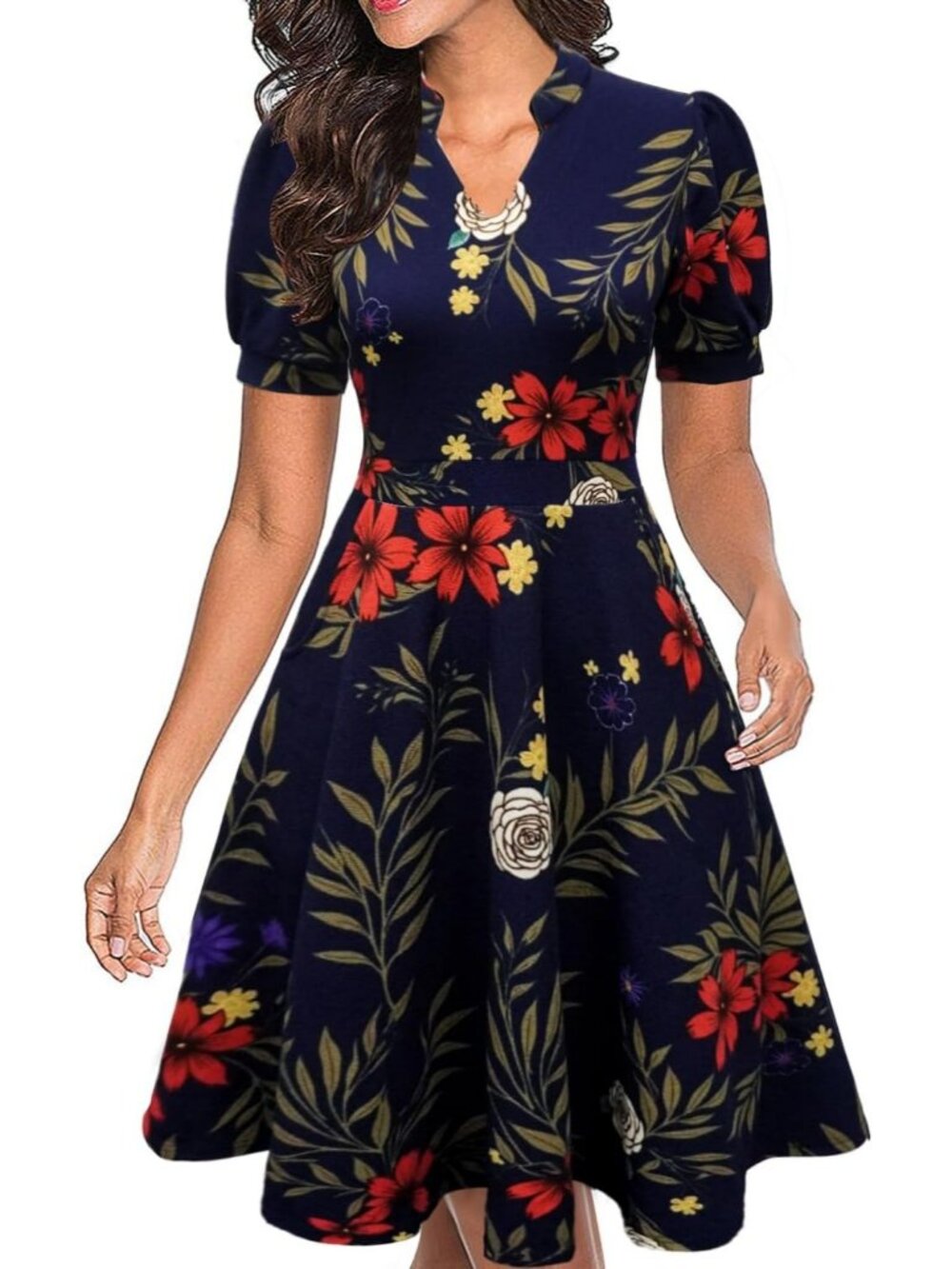 Women's Navy Floral Print Fit & Flare Midi Dress Puff Sleeve with Pockets